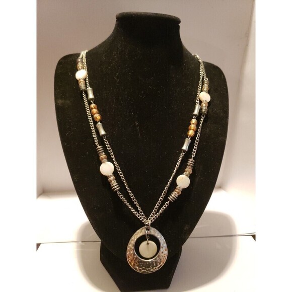 Silver Mother of Pearl Beaded Necklace 2 Strand Adjustable Lobster Clasp - Picture 1 of 8